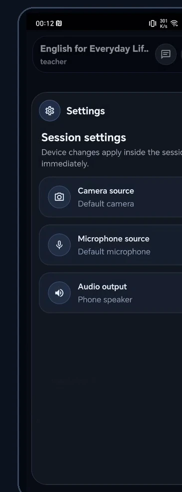 Real Android session settings with camera and audio controls