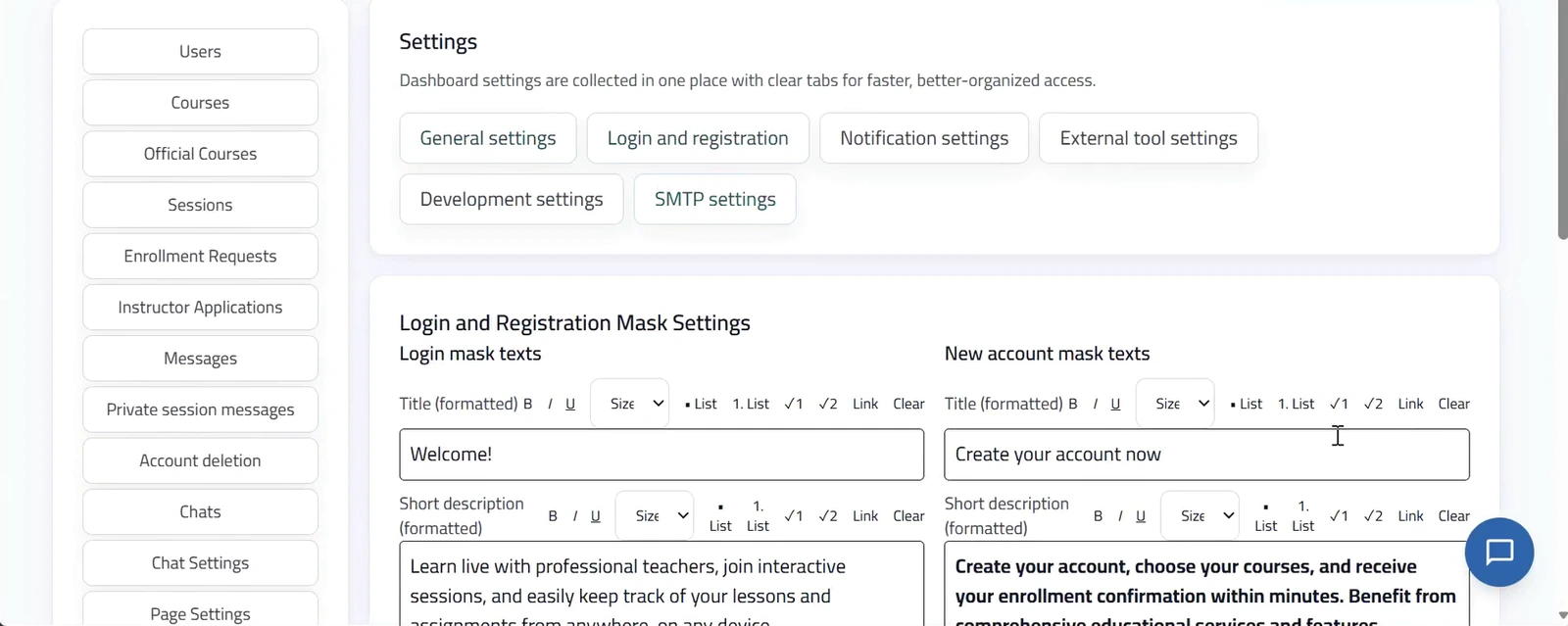 Real administration screen showing content and platform settings